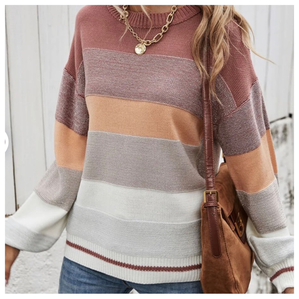 BOHO LOOSE FIT STRIPED COLOR BLOCK KNIT PULLOVER - Picture 3 of 6